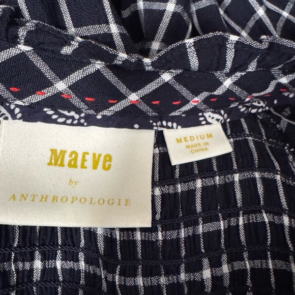 Anthropologie Sara Smocked Shirtdress Navy and White Grid Long Sleeve Dress - Picture 6 of 12